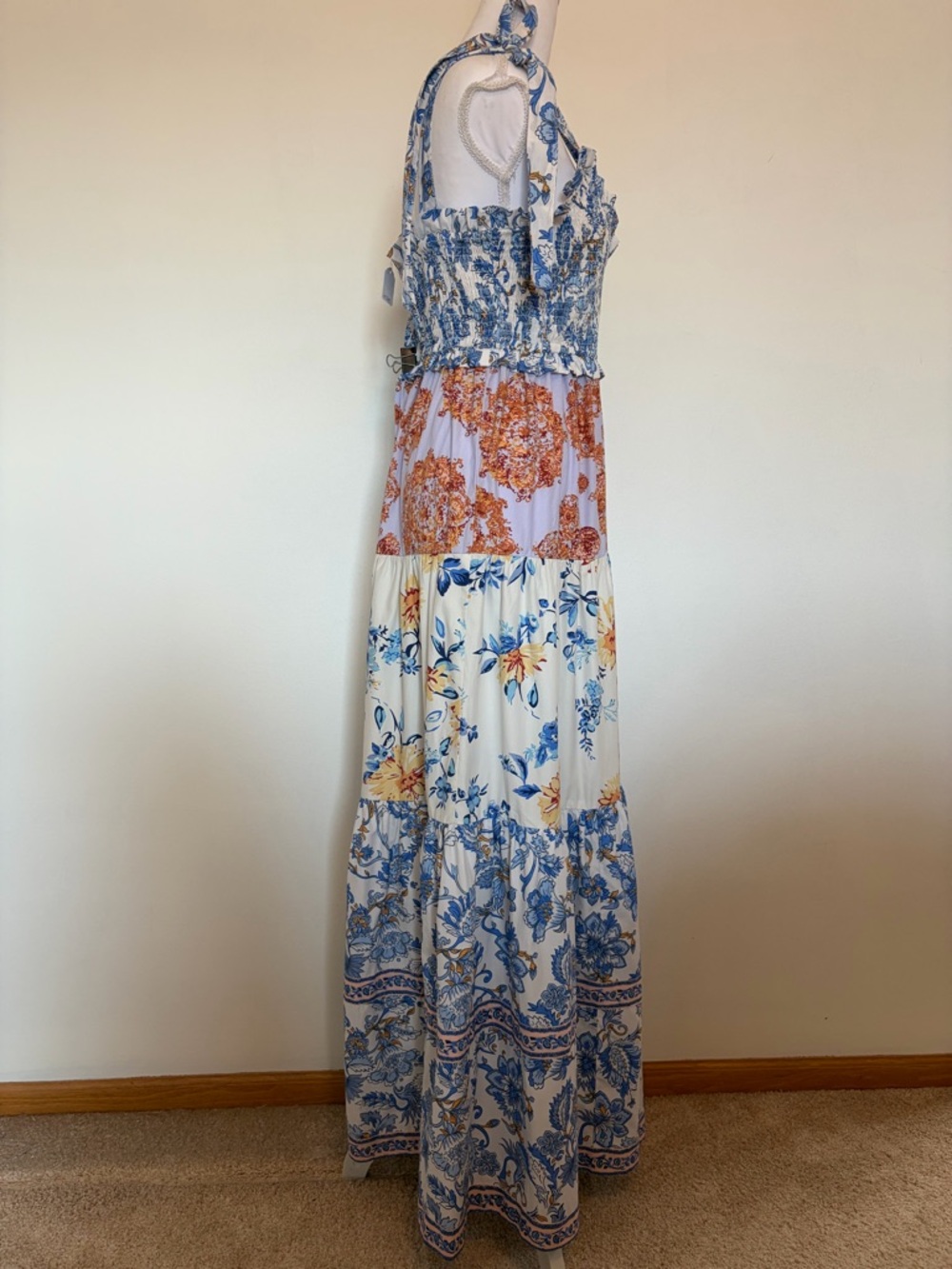 #548 Blue & Cream Mixed-Print Tiered Maxi Dress with Tie Straps - Picture 4 of 6